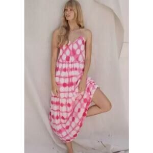 Anthro Plus Maeve Dress Womens Size 1X Pink Maxi Geneva Polka dot Beachy Flowy
